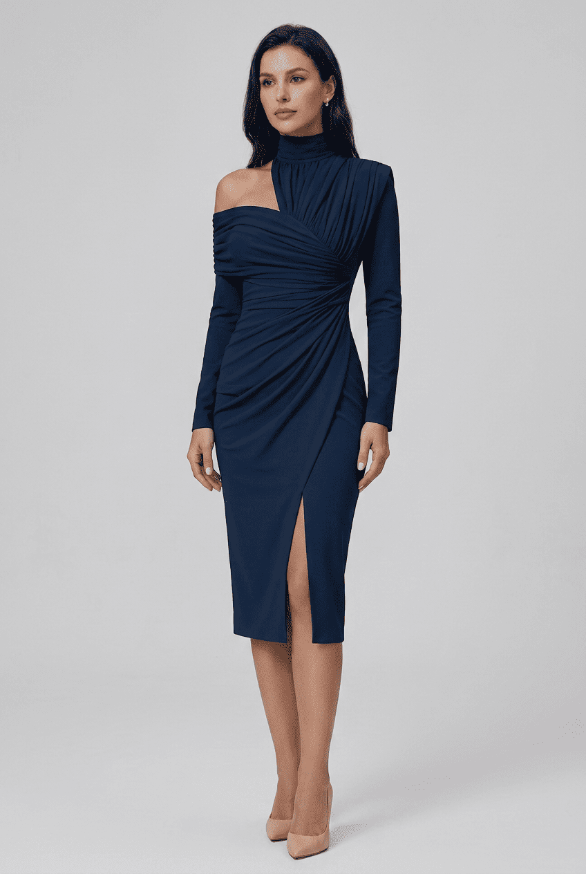 Women’s Ruched High Neck Wedding Guest Dress | Midi