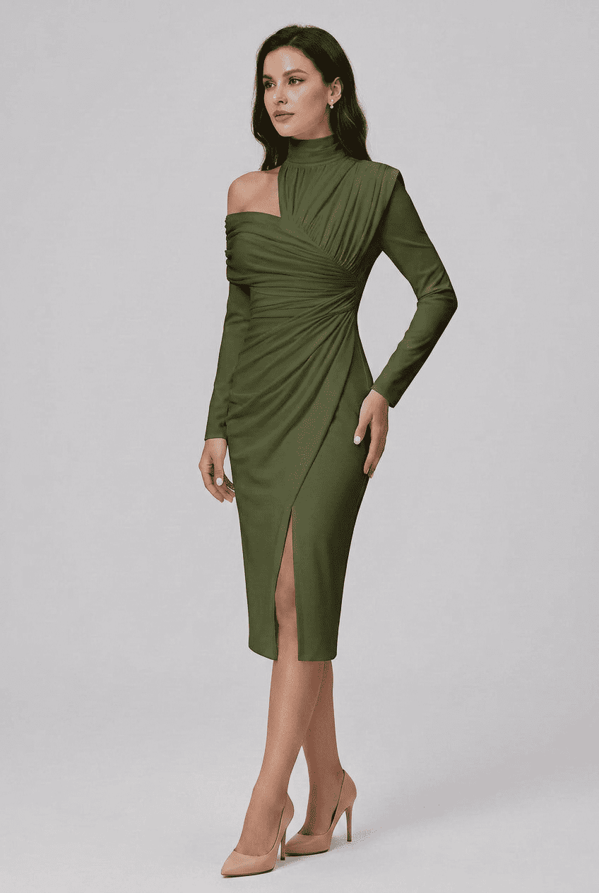 Women’s Ruched High Neck Wedding Guest Dress | Midi