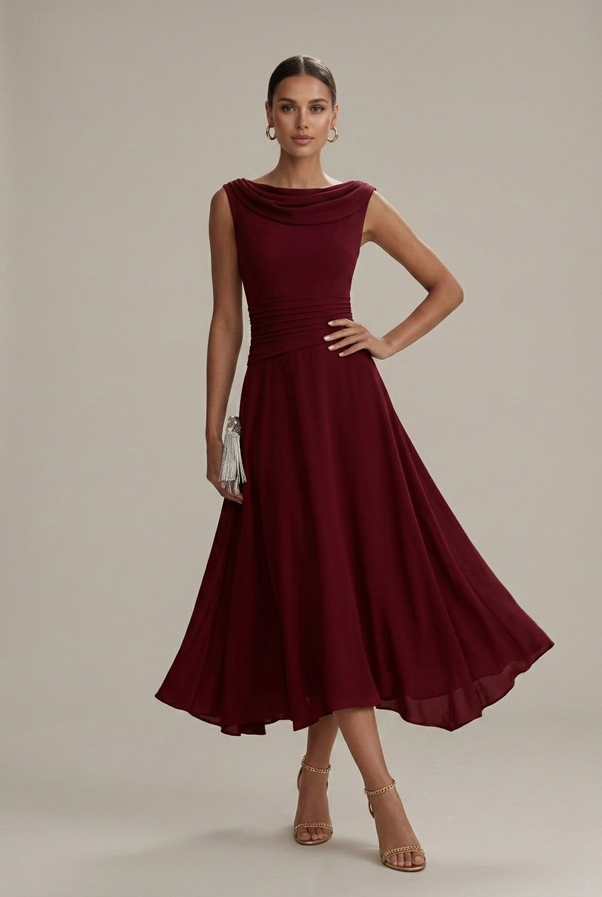 Women's Dress | Sleeveless Draped Neckline Pleated Midi