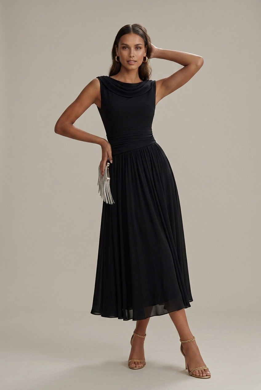 Women's Dress | Sleeveless Draped Neckline Pleated Midi