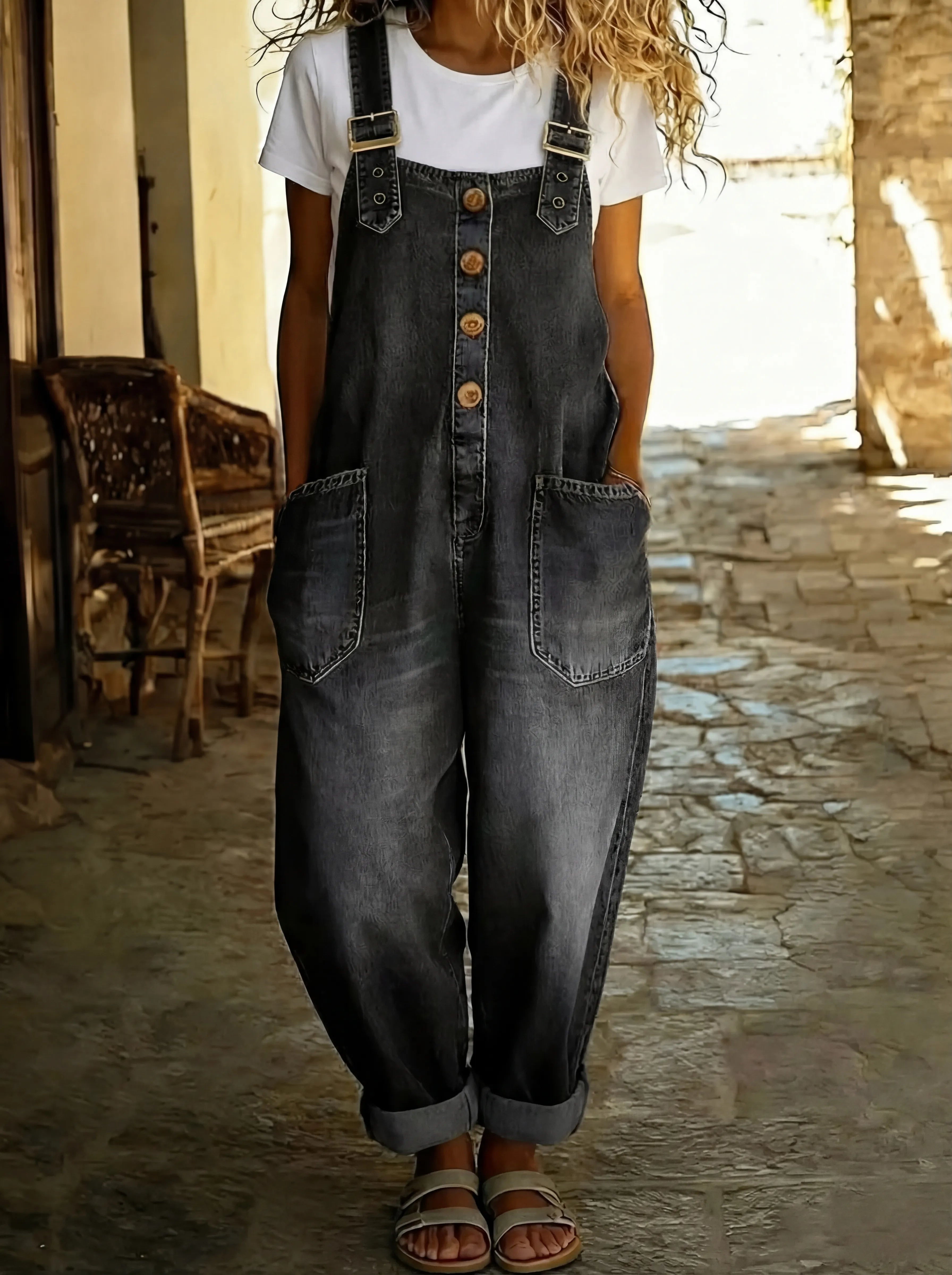 Women's Denim Dungarees | Adjustable Buckle Straps & Patch Pockets