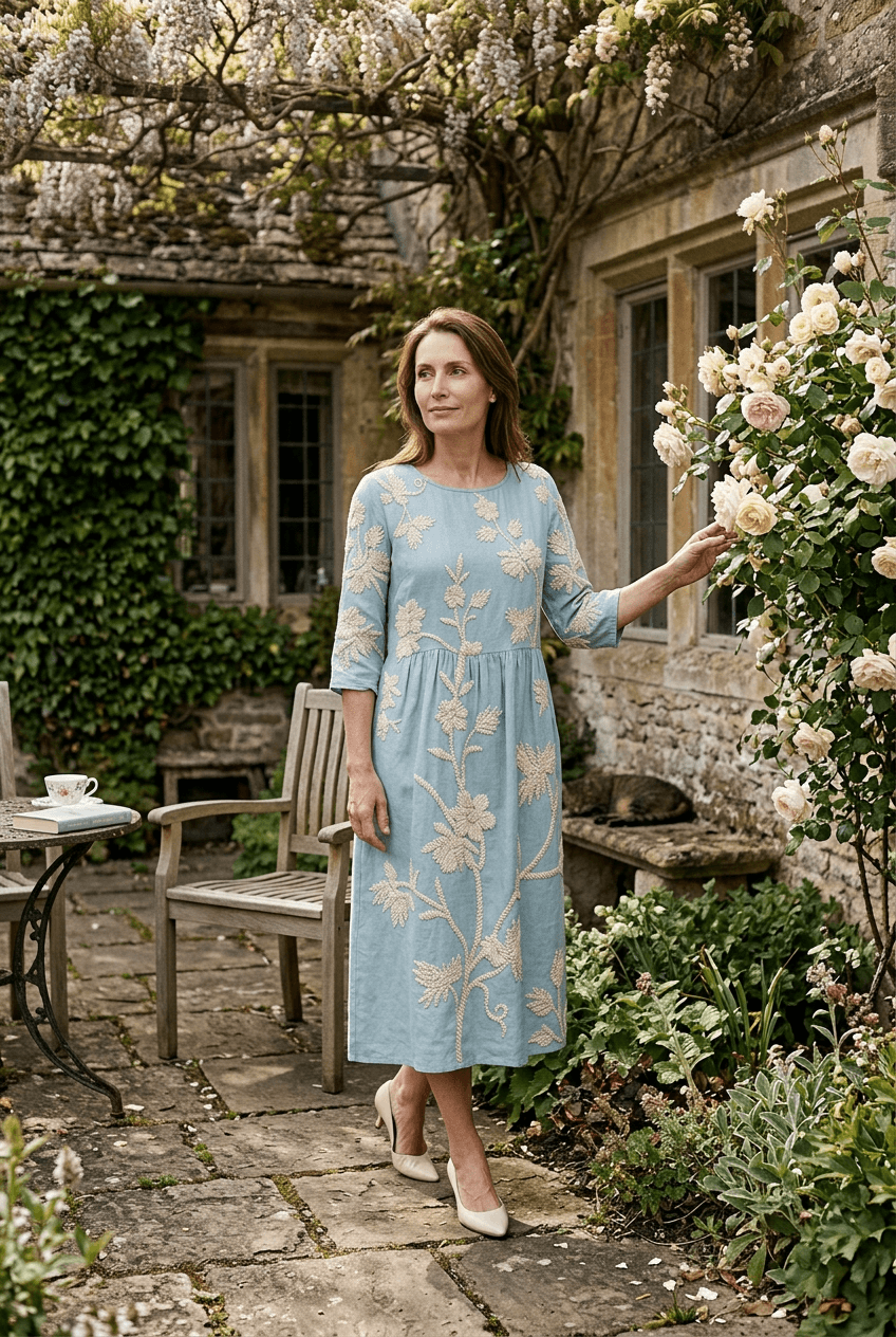 Women's Midi Dress | Floral Embroidery & 3/4 Sleeves