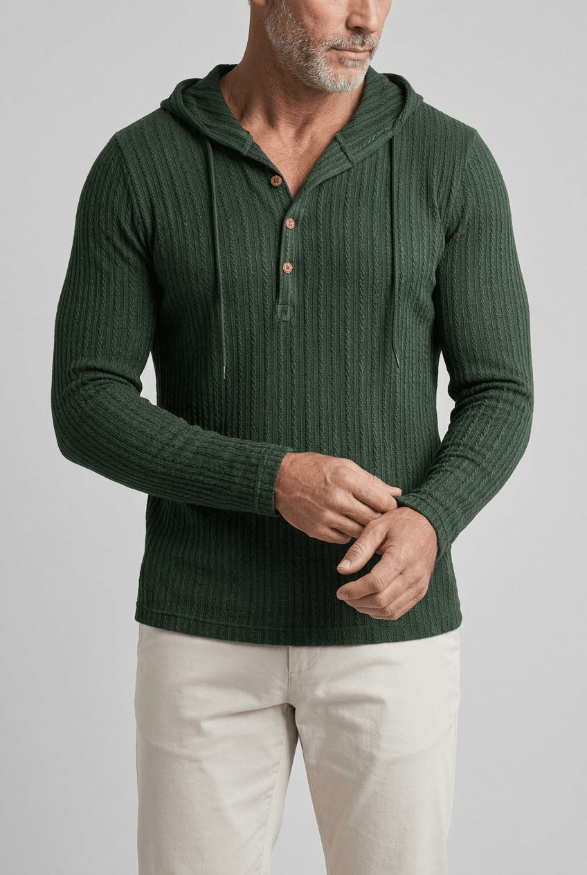 Men's Hooded Cable Knit Henley | Button Placket