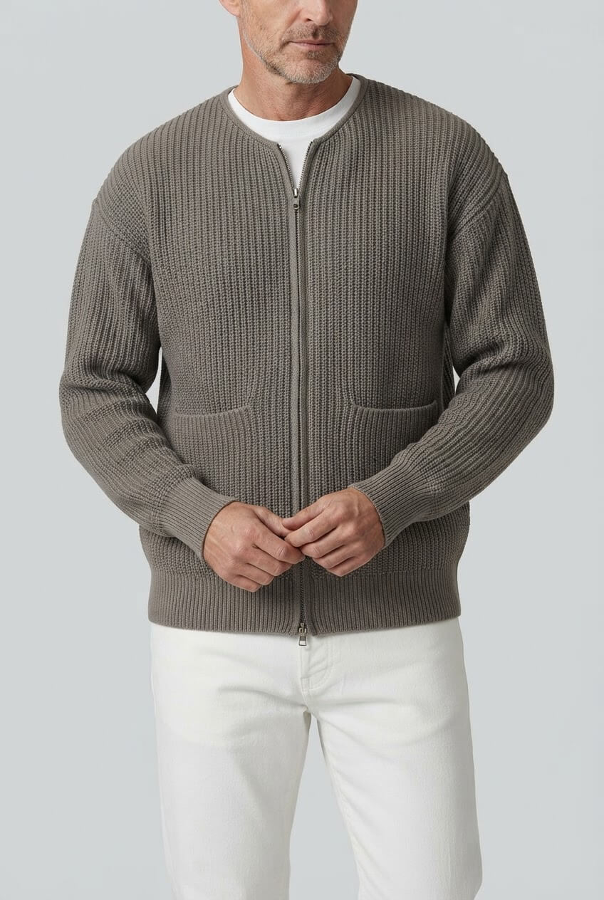 Men's Ribbed Cardigan | Crew Neck & Front Pockets