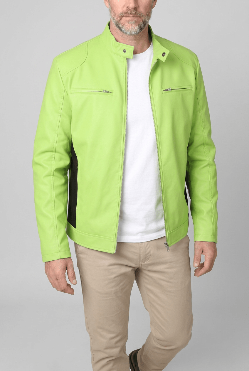 Men's Faux Leather Racer Jacket | Stand Collar and Zip Pockets