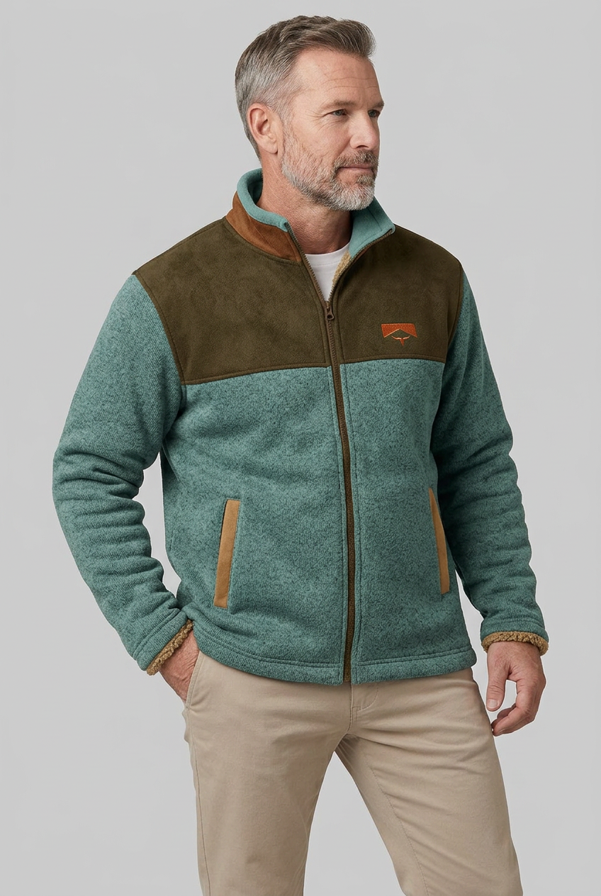 Men's Sherpa Fleece Jacket | Aztec Print Sleeves & Contrast Collar