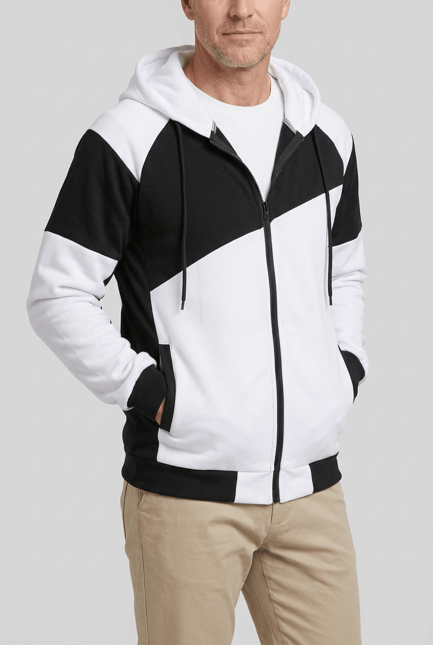 Men's Zip-Up Hoodie | Colour Block Panels & Drawstring Hood
