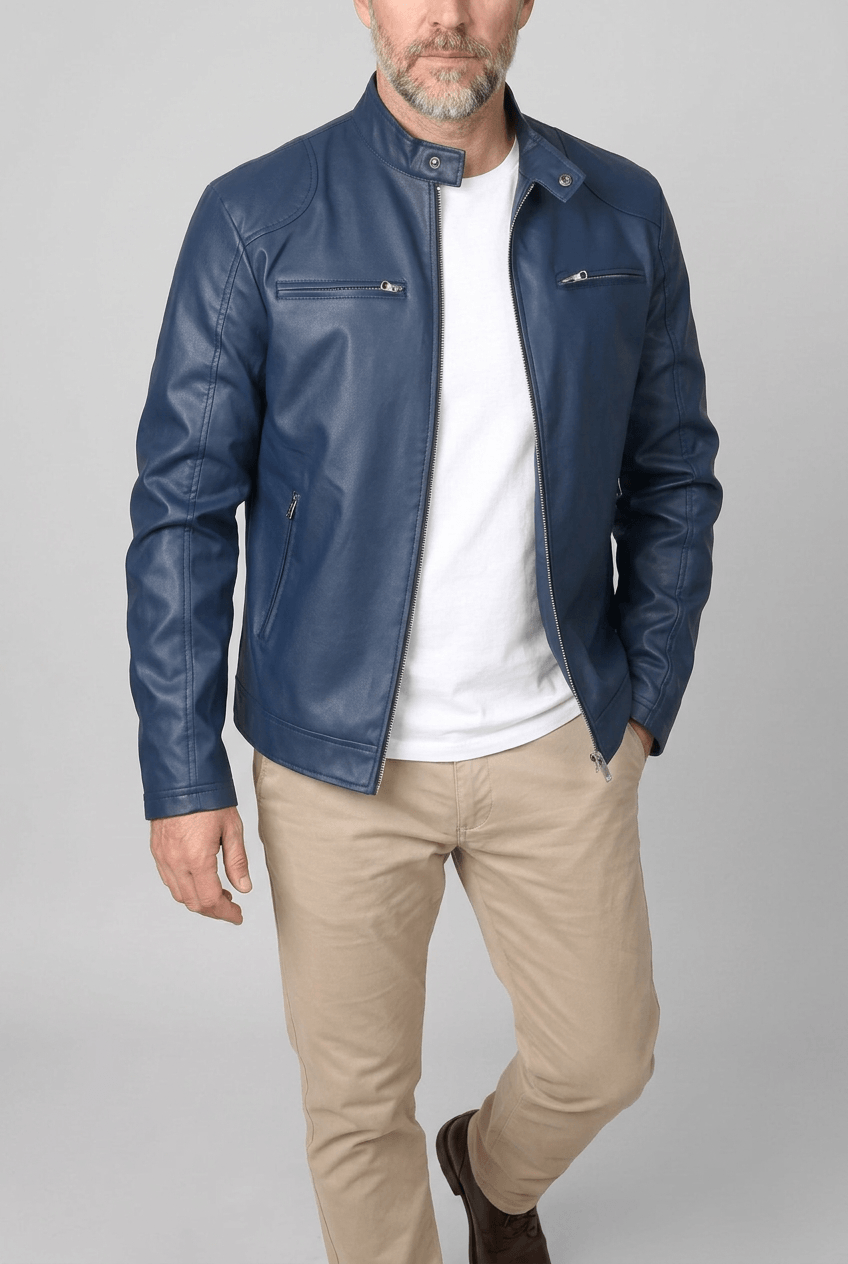 Men's Faux Leather Racer Jacket | Stand Collar and Zip Pockets