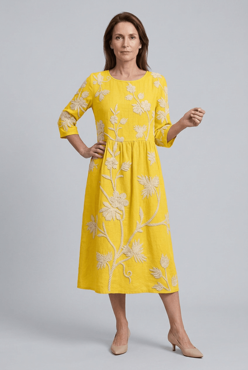 Women's Midi Dress | Floral Embroidery & 3/4 Sleeves