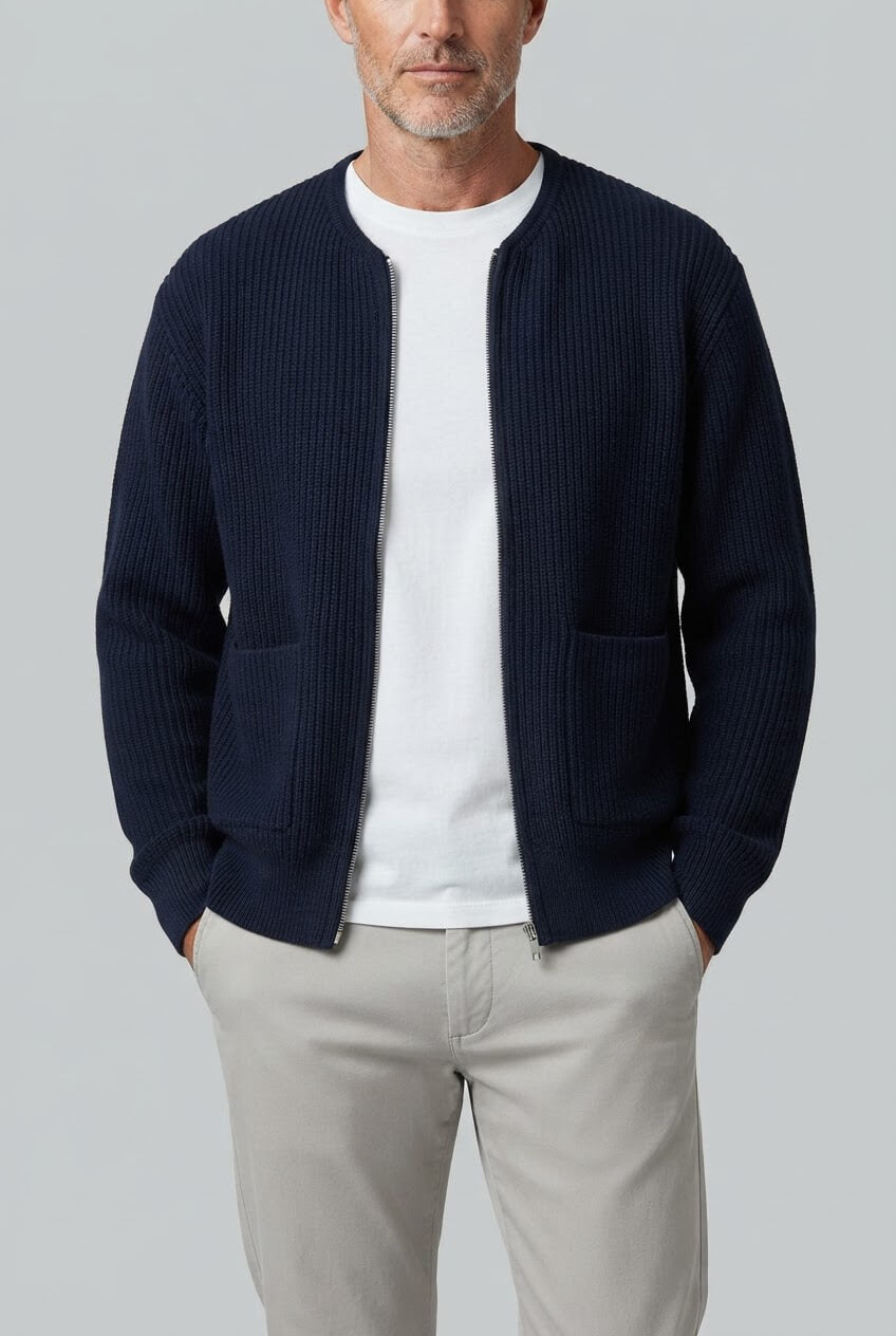 Men's Ribbed Cardigan | Crew Neck & Front Pockets