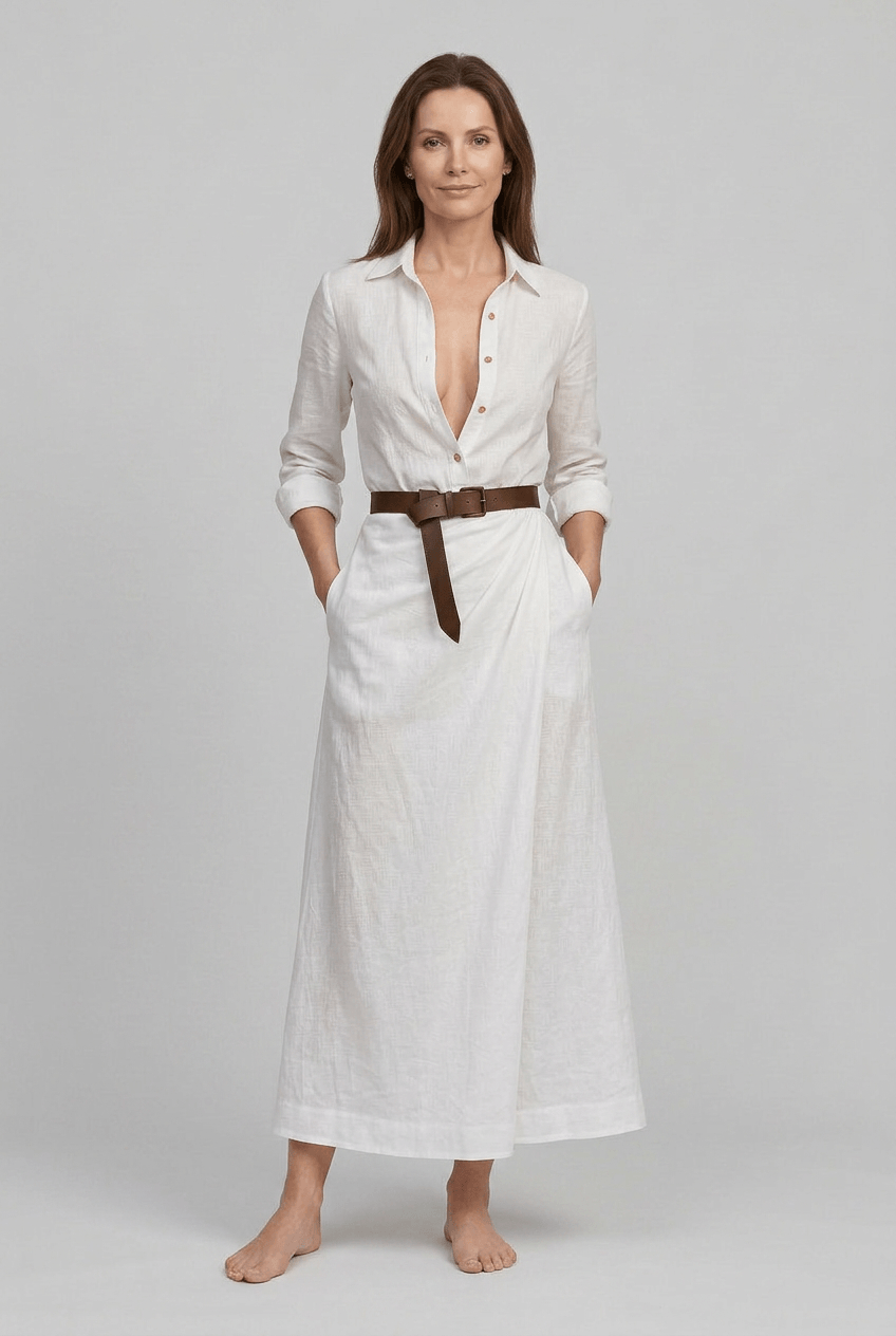 Women's Shirt Dress | Maxi with Draped Skirt & Long Sleeves