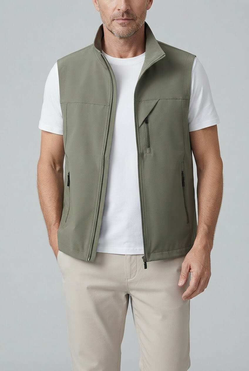 Men's Sleeveless Utility Gilet | Zip Front & Stand Collar