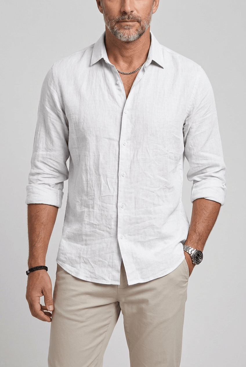 Men's Long Sleeve Button-Up Shirt | Textured Woven Fabric