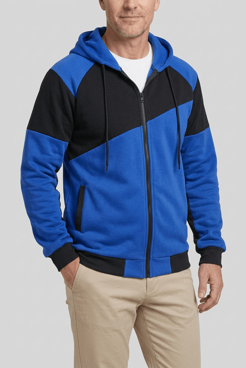 Men's Zip-Up Hoodie | Colour Block Panels & Drawstring Hood