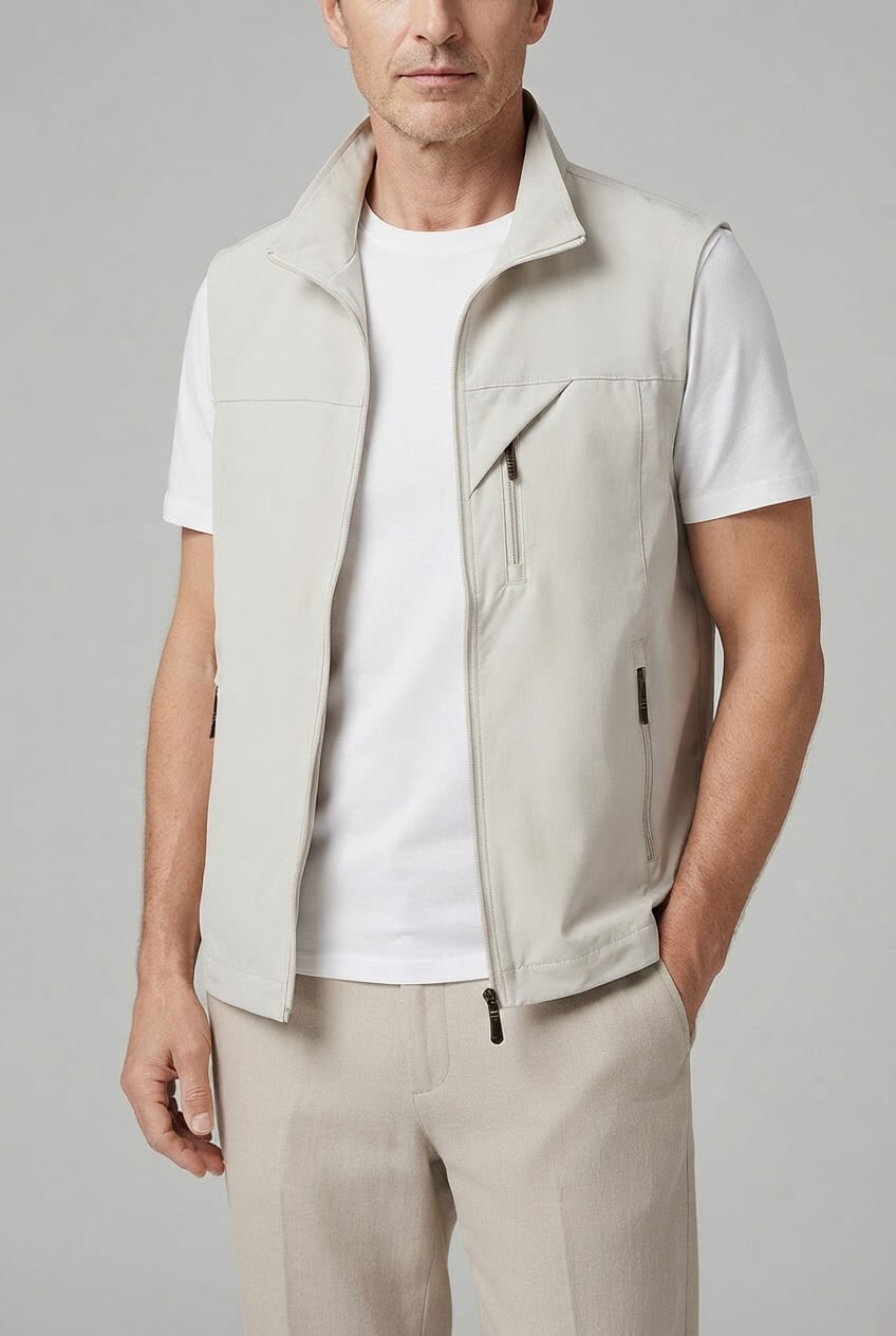 Men's Sleeveless Utility Gilet | Zip Front & Stand Collar