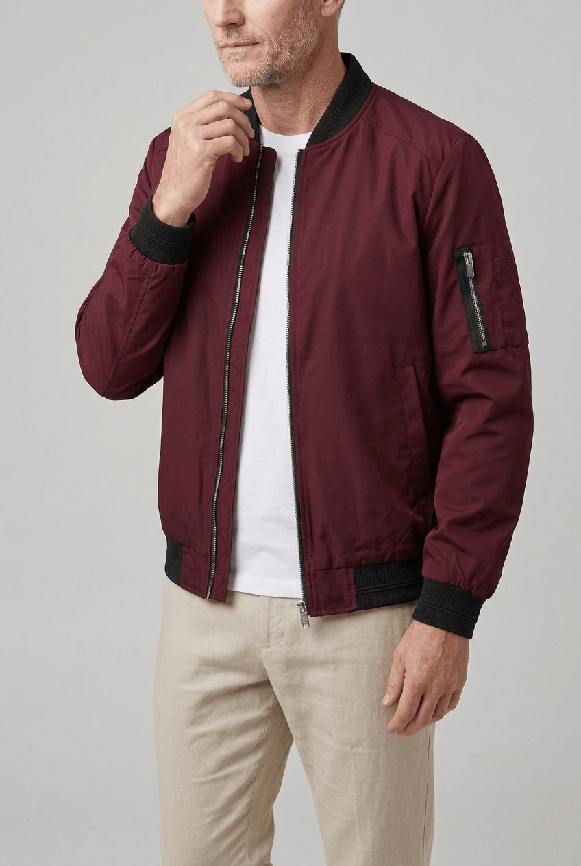 Men's Slim Fit Bomber Jacket | Full Zip & Ribbed Collar