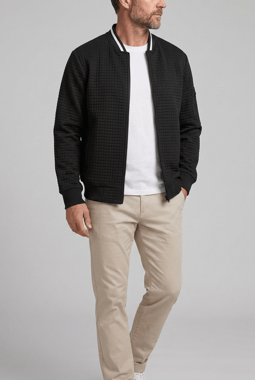 Men's Zip-Up Bomber Jacket | Stand-Up Ribbed Collar and Sleeve Pocket