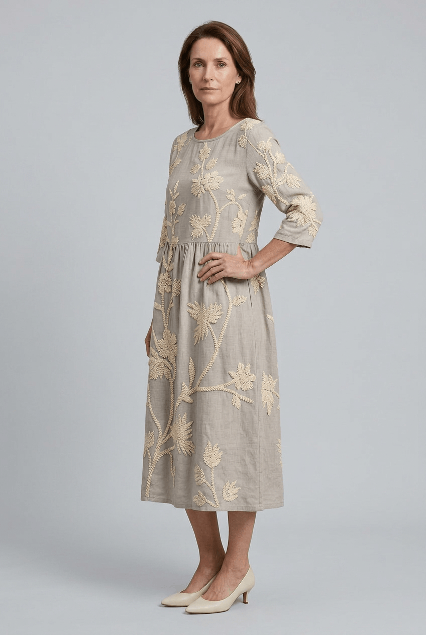 Women's Midi Dress | Floral Embroidery & 3/4 Sleeves