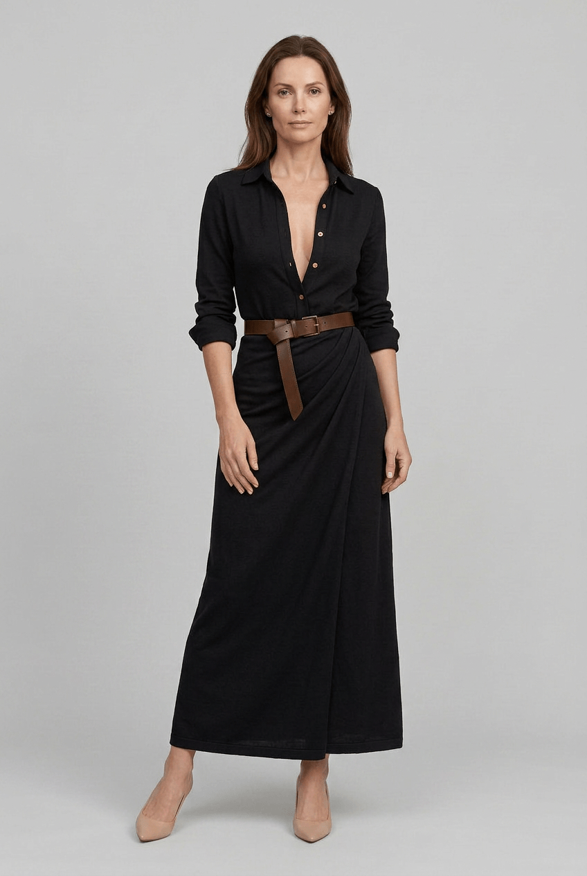 Women's Shirt Dress | Maxi with Draped Skirt & Long Sleeves