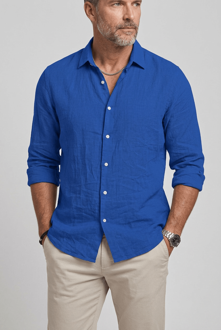 Men's Long Sleeve Button-Up Shirt | Textured Woven Fabric