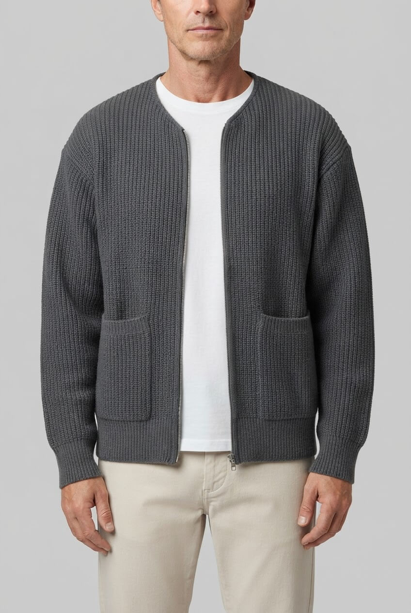 Men's Ribbed Cardigan | Crew Neck & Front Pockets