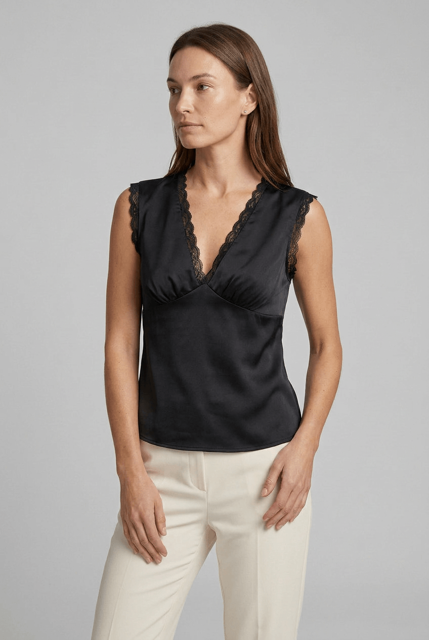 Top Women | Sleeveless V-Neck with Open Back, Lace Trim & Tie Detail