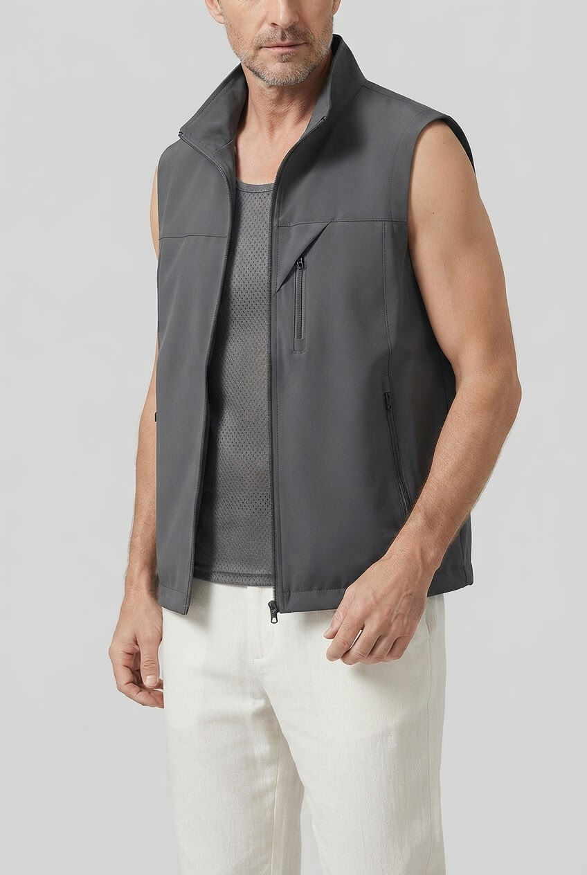 Men's Sleeveless Utility Gilet | Zip Front & Stand Collar