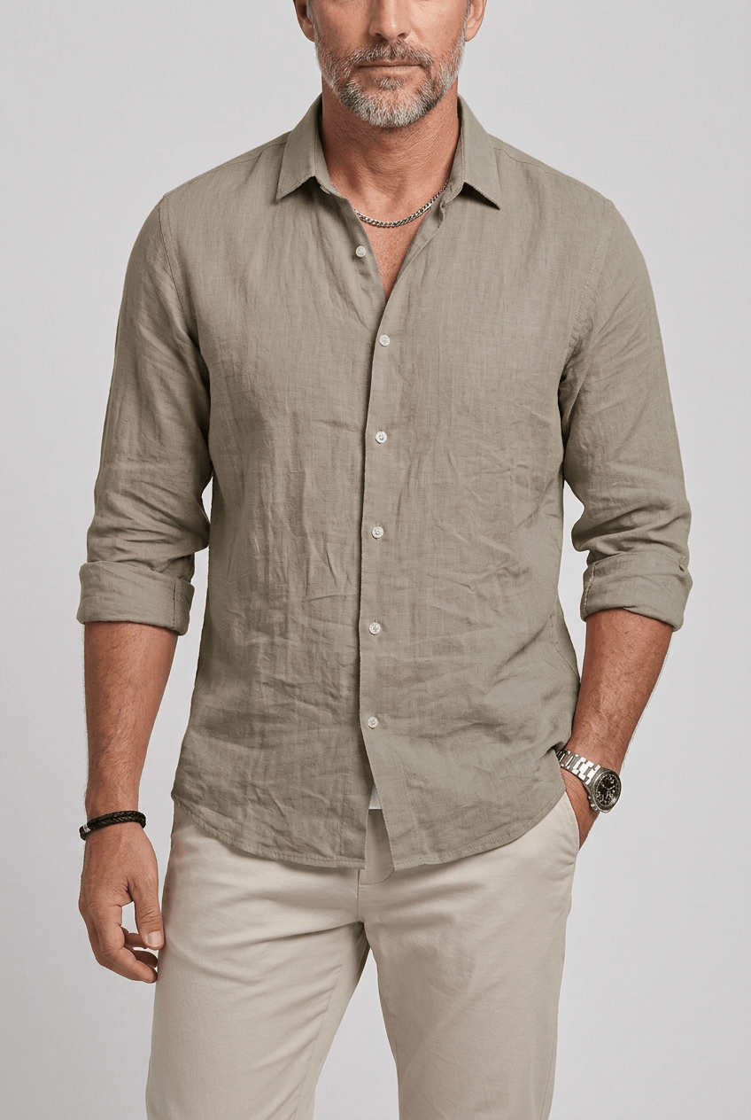 Men's Long Sleeve Button-Up Shirt | Textured Woven Fabric