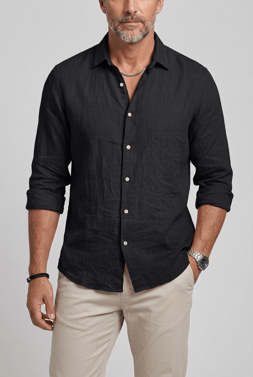 Men's Long Sleeve Button-Up Shirt | Textured Woven Fabric