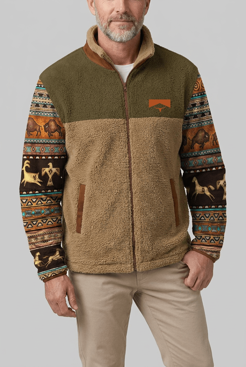 Men's Sherpa Fleece Jacket | Aztec Print Sleeves & Contrast Collar