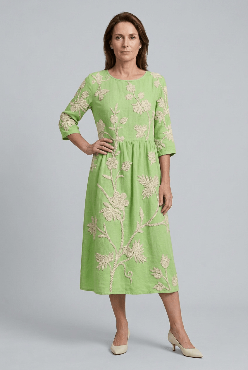 Women's Midi Dress | Floral Embroidery & 3/4 Sleeves