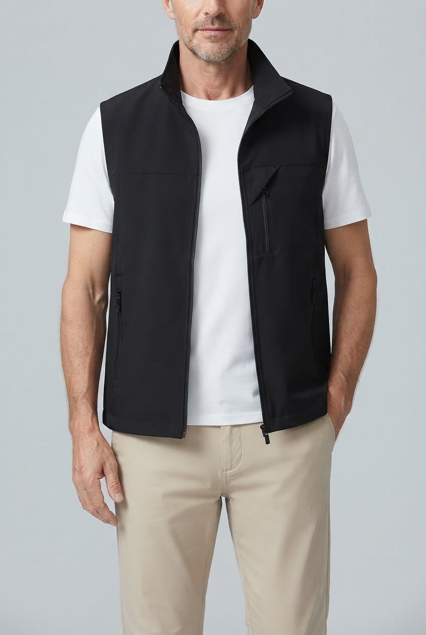 Men's Sleeveless Utility Gilet | Zip Front & Stand Collar