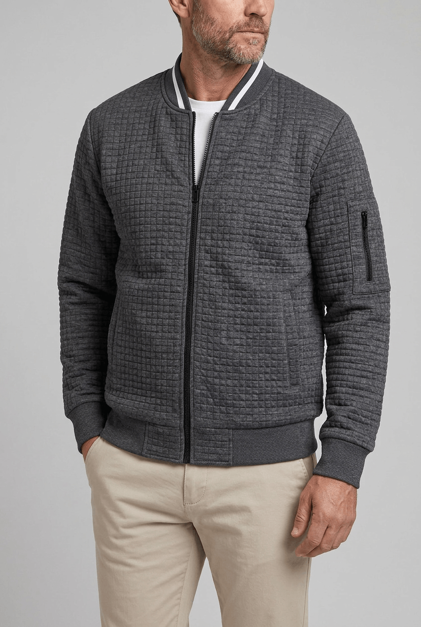 Men's Zip-Up Bomber Jacket | Stand-Up Ribbed Collar and Sleeve Pocket