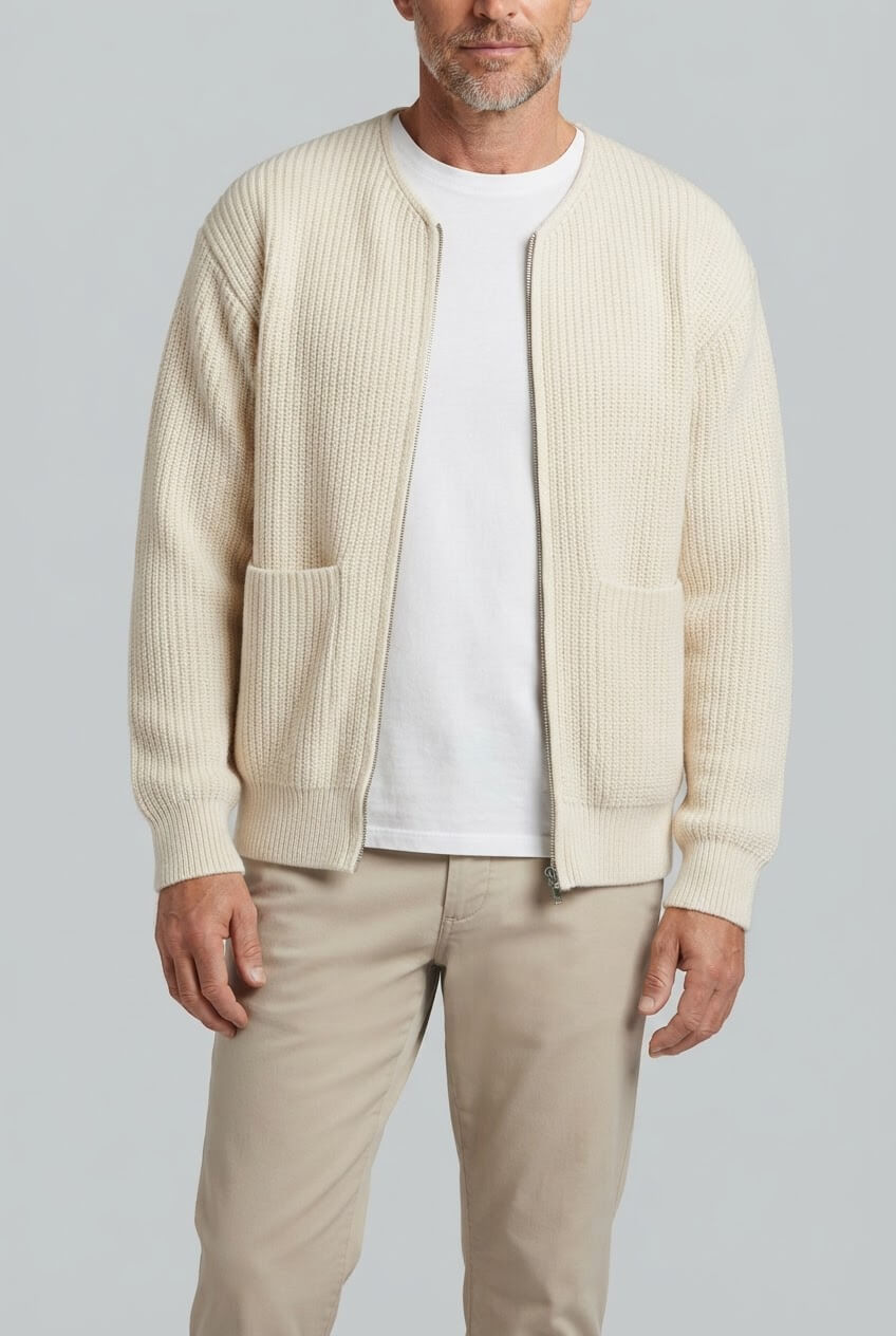 Men's Ribbed Cardigan | Crew Neck & Front Pockets
