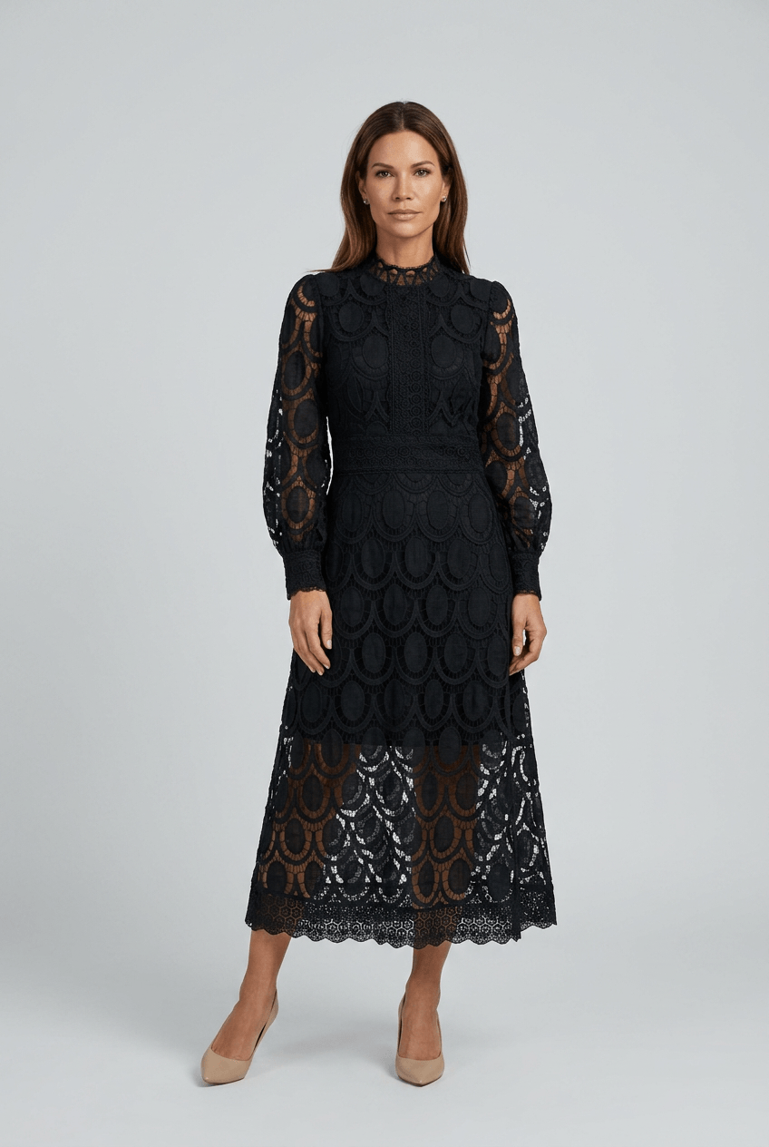 Women's Wedding Guest Dress Midi | Lace with Puff Sleeves