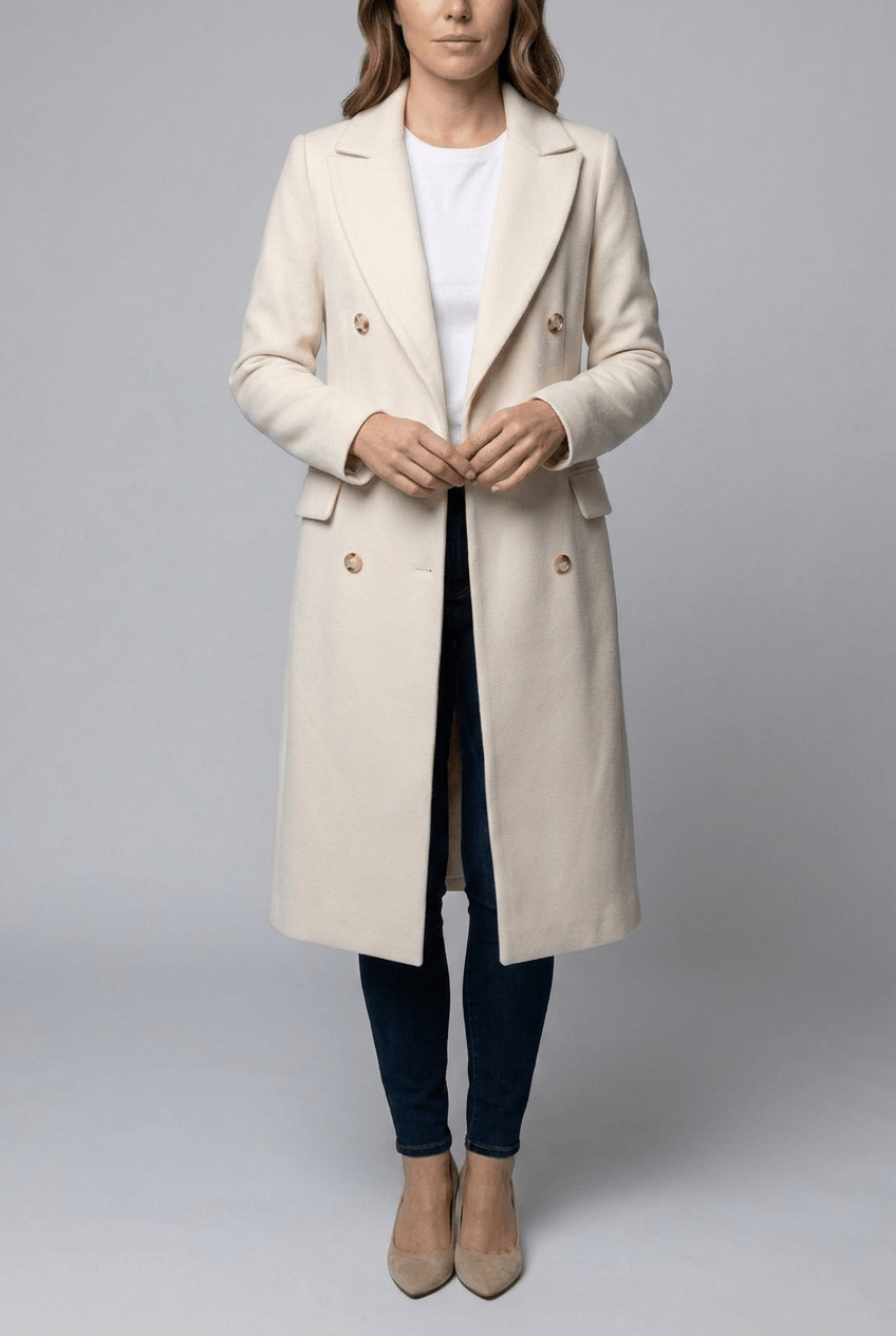 Women's Double-Breasted Long Coat | Notch Lapel & Flap Pockets