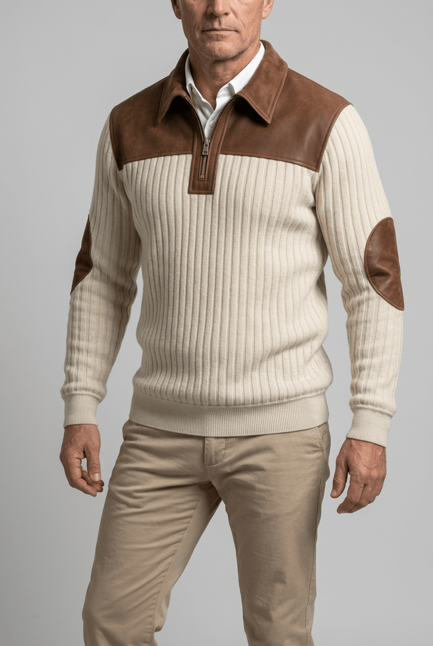Men's Quarter Zip Pullover | Stand Collar, Contrast Shoulders and Elbow Patches