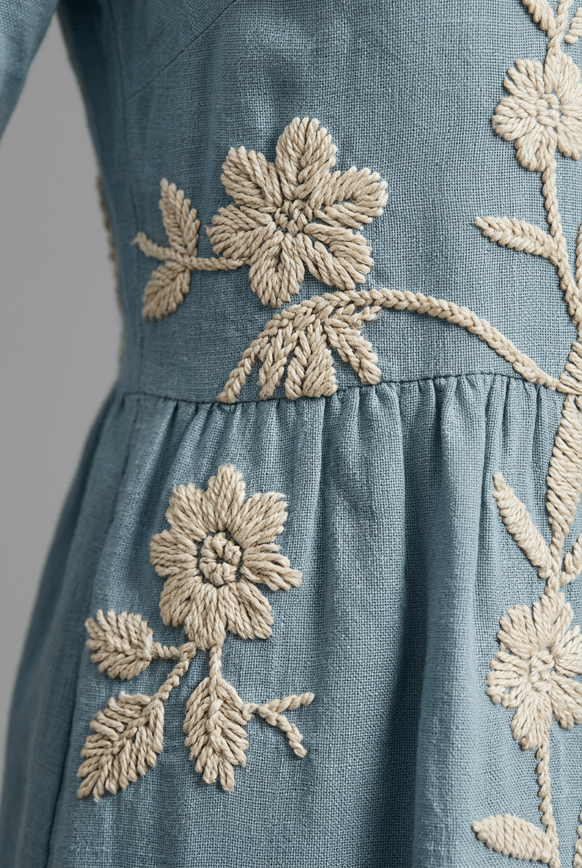 Women's Midi Dress | Floral Embroidery & 3/4 Sleeves