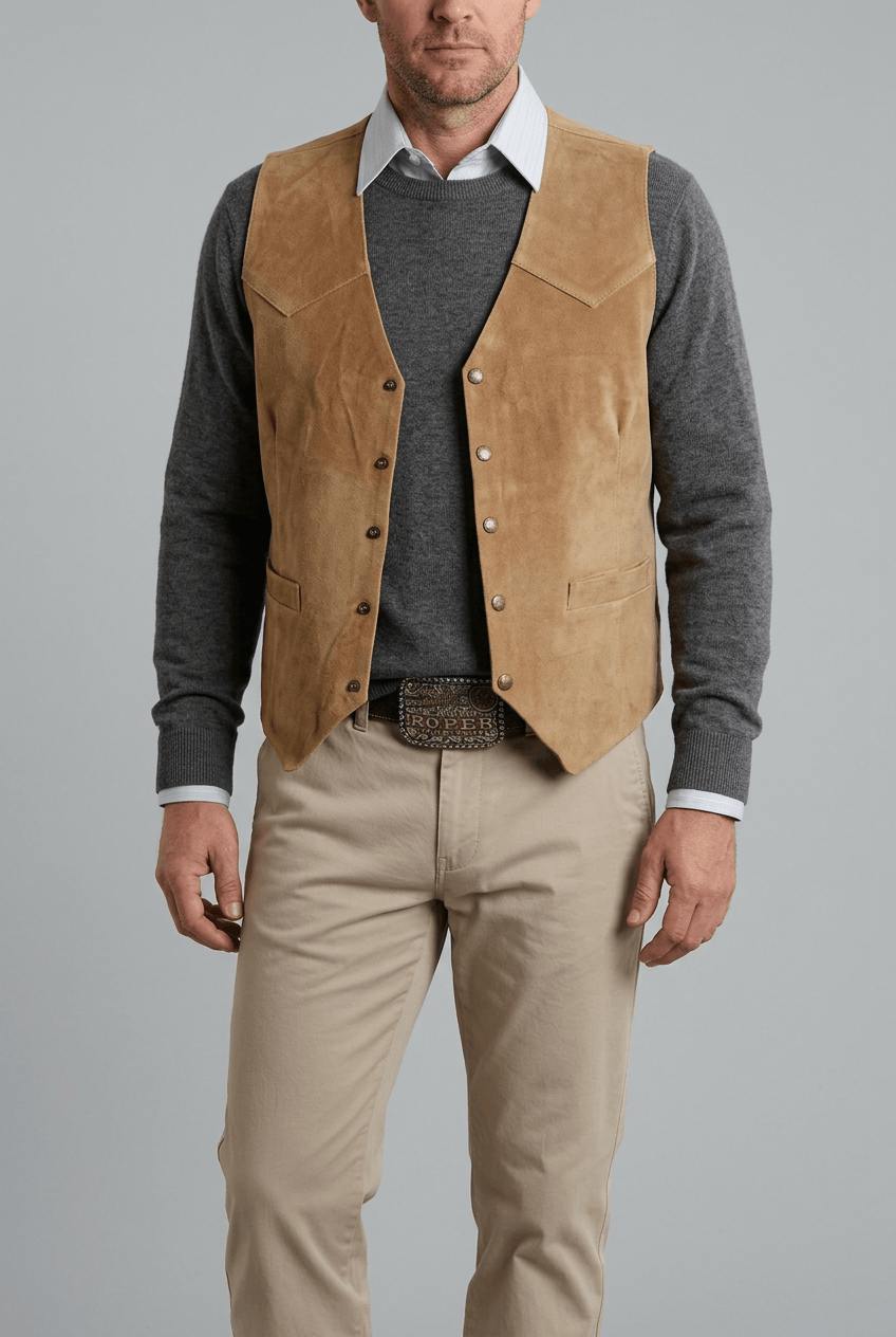 Men's Suede-Look Western Gilet | Press Stud Front