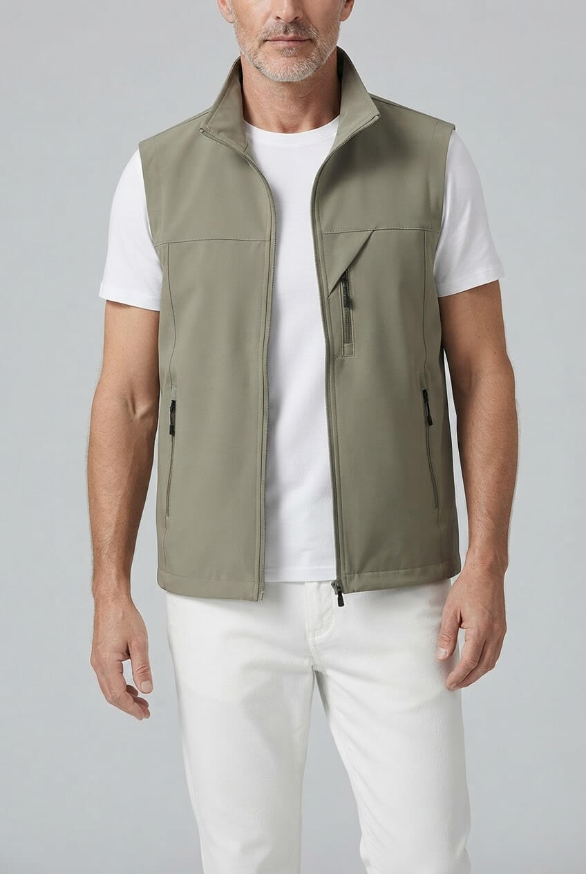 Men's Sleeveless Utility Gilet | Zip Front & Stand Collar