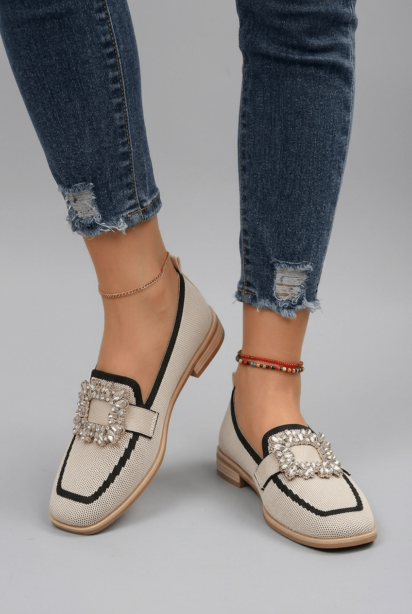 Women's Loafers | Knit Upper, Crystal Buckle & Square Toe