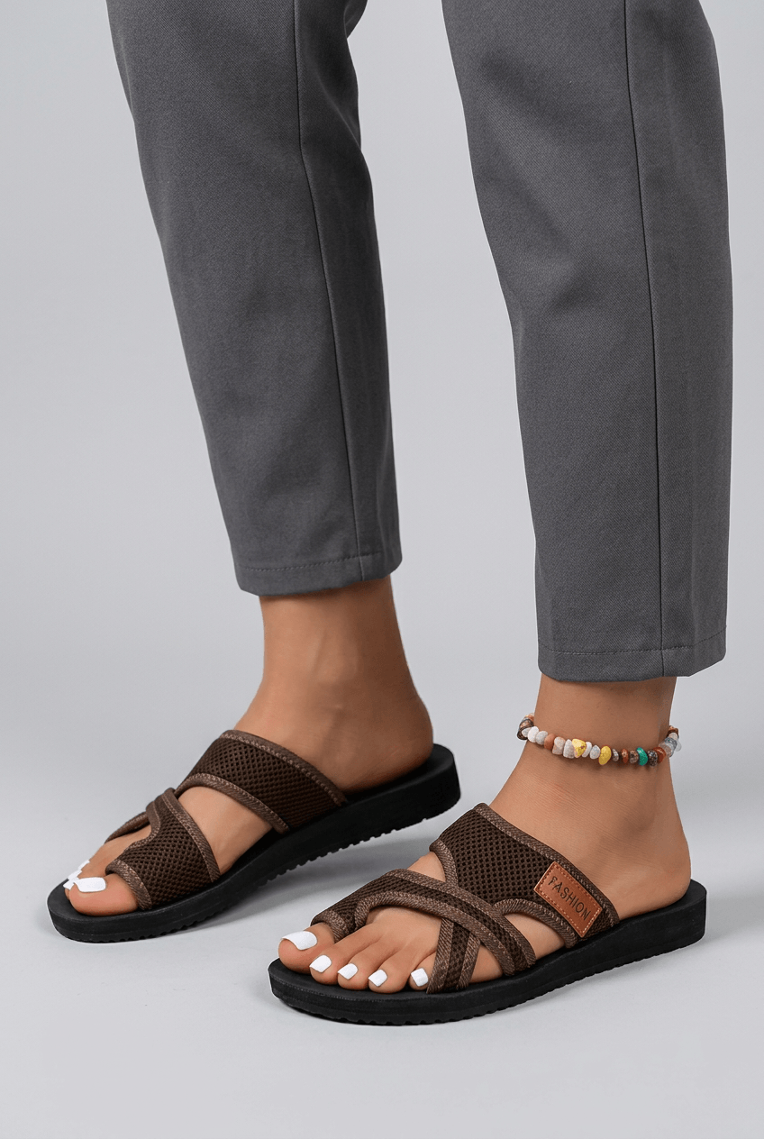 Women's Flat Slides | Open Toe, Crossover Mesh Straps & Cushioned Sole