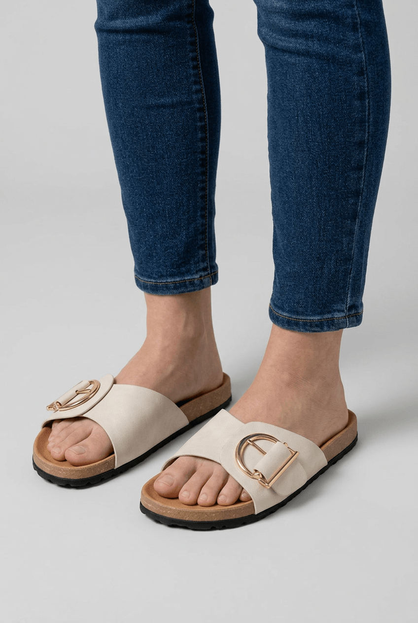 Women's Slides | Rose Gold Buckle & Cork Sole