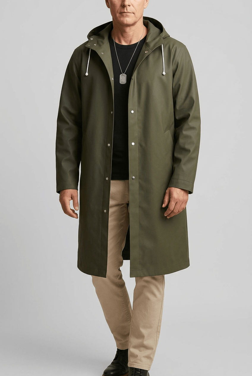 Men's Long Rain Jacket | Snap Button Front & Side Pockets