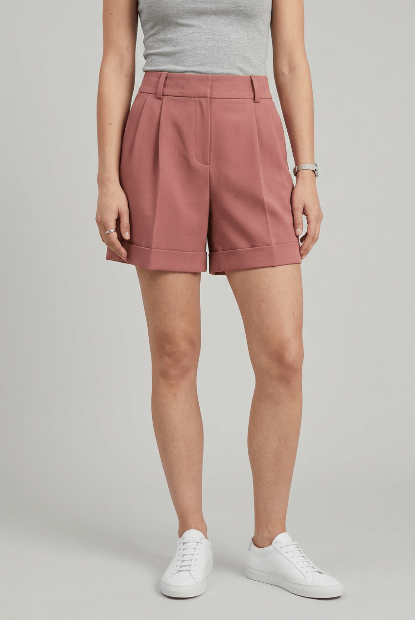 Women's Pleated Tailored Shorts | Turn-Up Hem & Belt Loops
