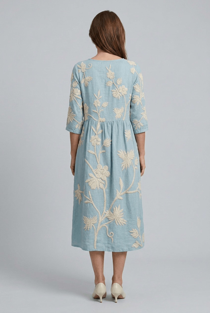 Women's Midi Dress | Floral Embroidery & 3/4 Sleeves