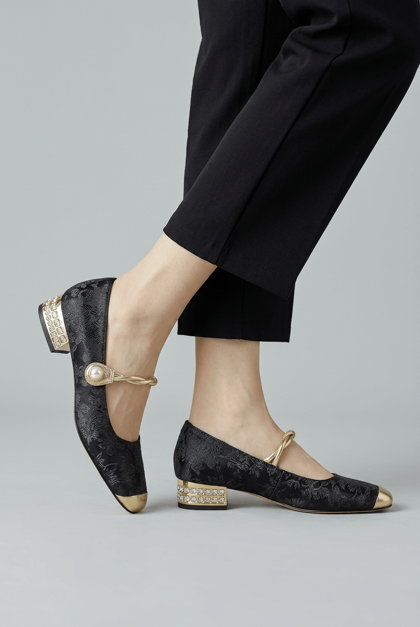 Women's Mary Jane Shoes | Pearl Buckle Strap & Gold Cap Toe