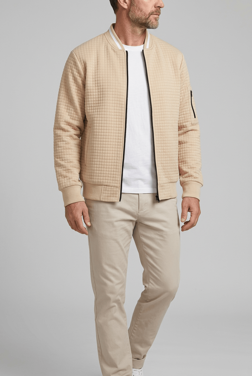 Men's Zip-Up Bomber Jacket | Stand-Up Ribbed Collar and Sleeve Pocket