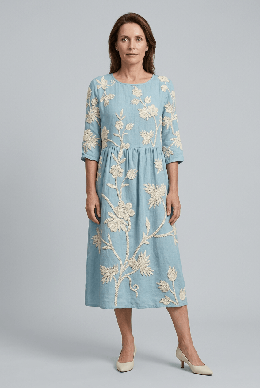 Women's Midi Dress | Floral Embroidery & 3/4 Sleeves