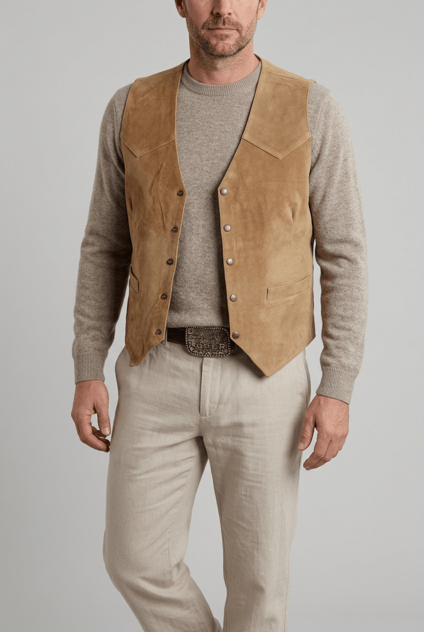 Men's Suede-Look Western Gilet | Press Stud Front